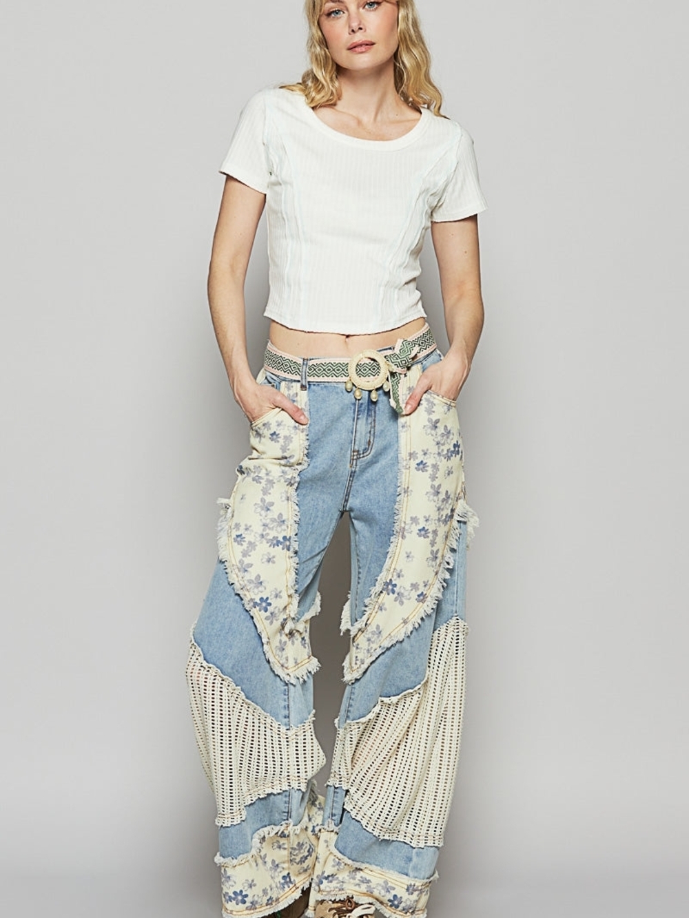 POL Floral Patchwork Wide-Leg Jeans - Cream & Light Blue - Size Small